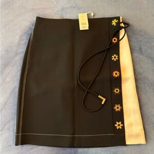 Tory Burch Color-block Black and Cream Wrap Skirt with Colorful Embroidery